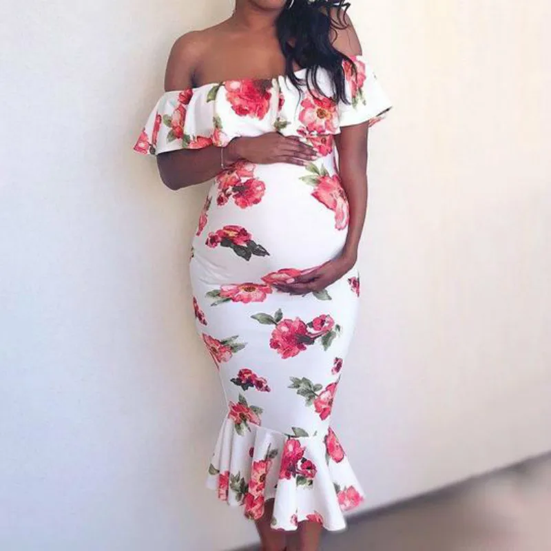 

Maternity dresses Mother Pregnancy Flowers women falbala Off Shoulder Ruffle Shoulder-free dress elegant pregnant Polyester