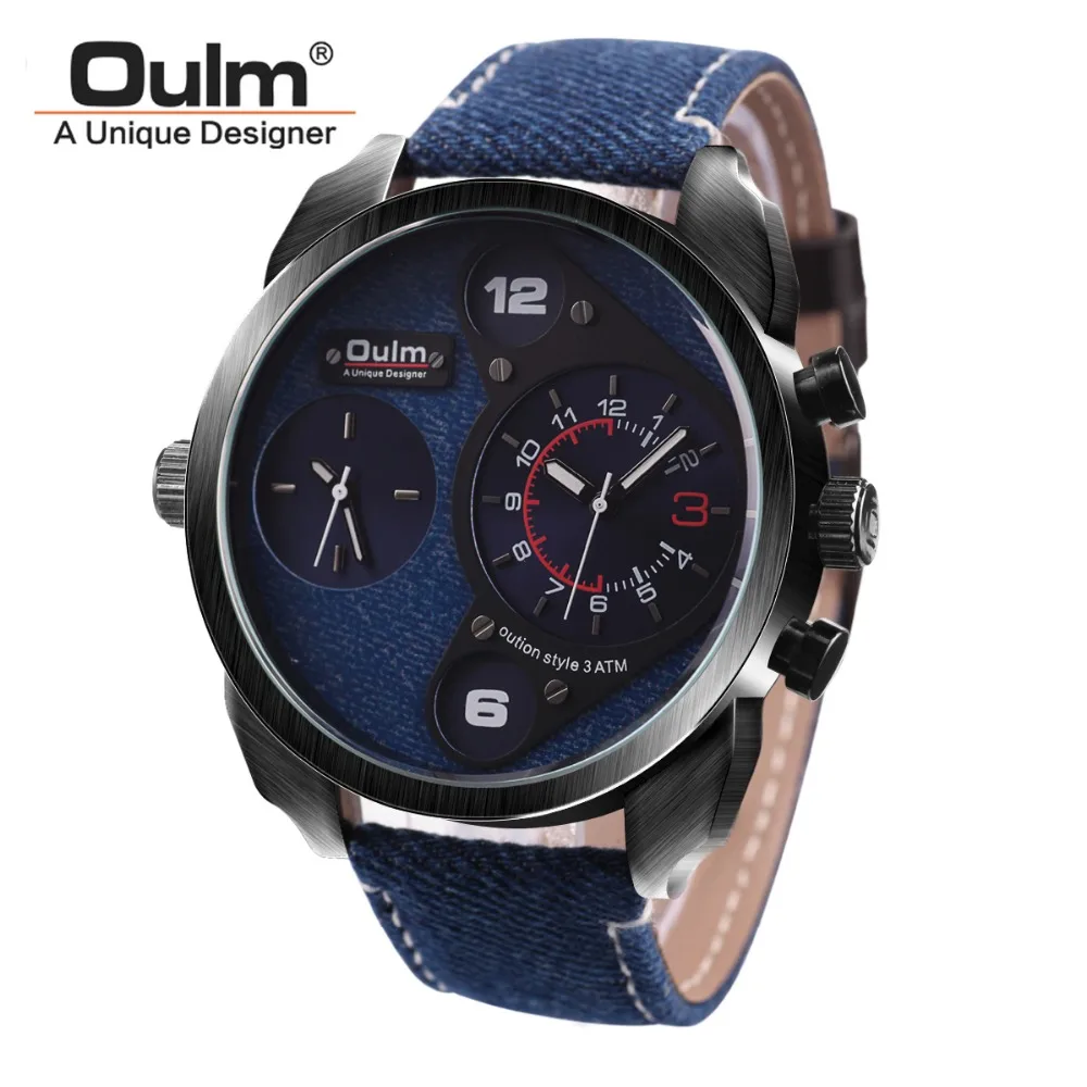 Oulm Brand Canvas Band Watches Mens Dual Time Zone Japan Quartz Movement Watch Big Dial Military