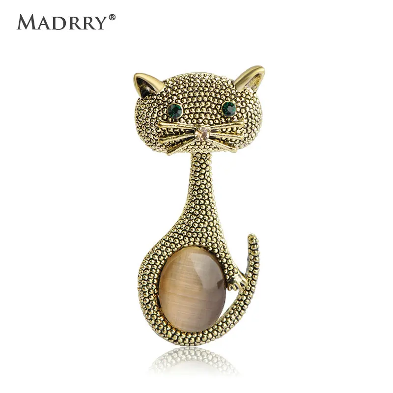 

High Quality Cute Cat Opal Brooches For Women Kids Green Crystal Eyes Antique Gold color Animal Hijab Pins Dress Decorations