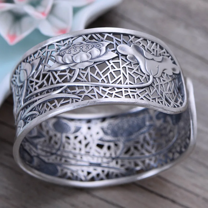 Beste Echte Pure 999 Sterling Zilveren Armbanden Voor Vrouwen Breed Grote Lotus Klassieke Tibetaanse Boeddhisme Sieraden Jonc Argent 925