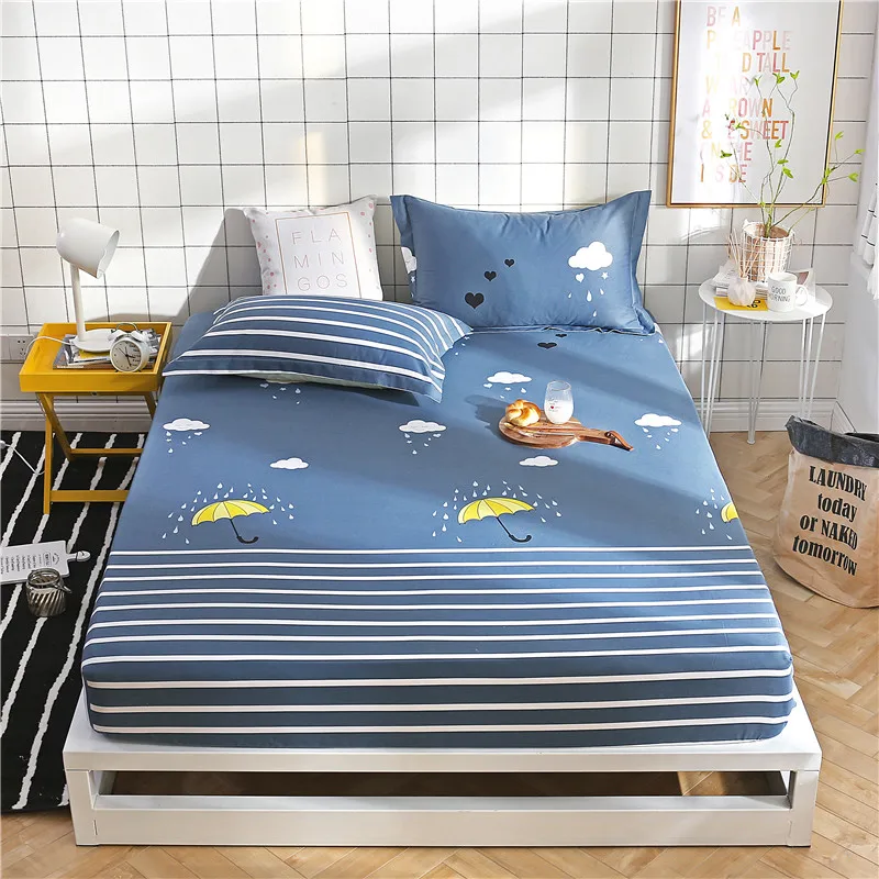 

Blue Cartoon Colorful Striped Yellow Moon Pattern Cotton Fitted Sheet Bedding Linens Bed Cover With Elastic Band Hom Textile