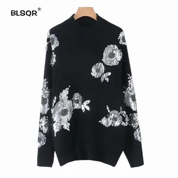

BLSQR Women Beading Sequined Loose Knitted Sweater Floral Pattern Turtleneck Long Sleeve Stretchy Pullovers Female Retro Tops