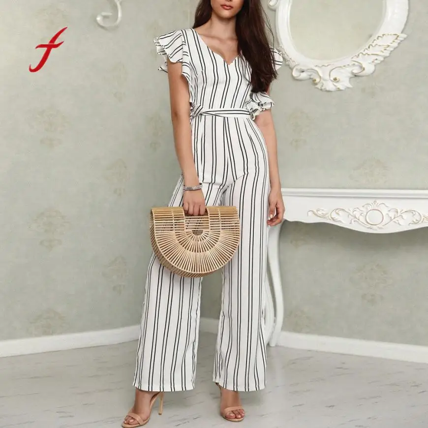

Women Striped Clubwear Playsuit Bodysuit Party Long Pants Trousers Jumpsuit Party 2018 Ladies Clubwear