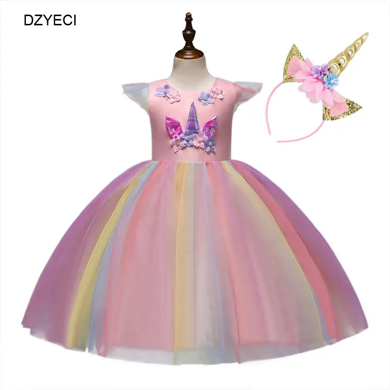 DZYECI/костюм единорога для маленьких девочек; платье для девочек; карнавальные вечерние платья радужной расцветки; элегантная детская Туника; нарядное платье Elza - Цвет: Pink And Headband