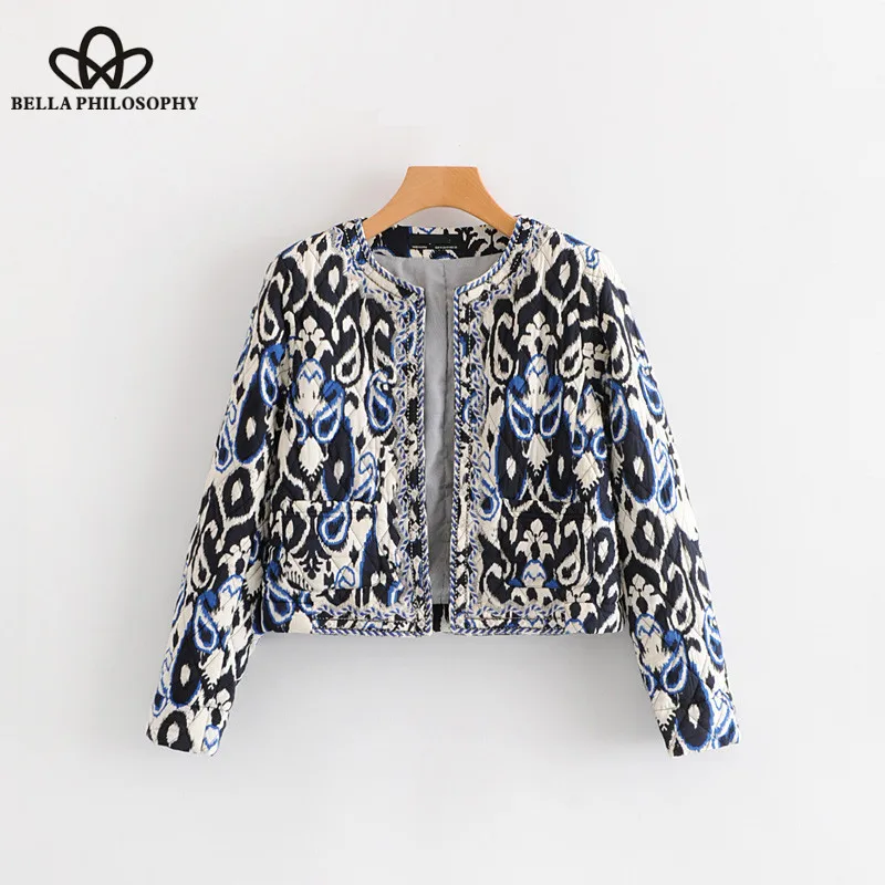 Wonder 2018 new autumn beading embroidery cotton padded jacket female totem printing pocket jacket ladies casual outwear Coat