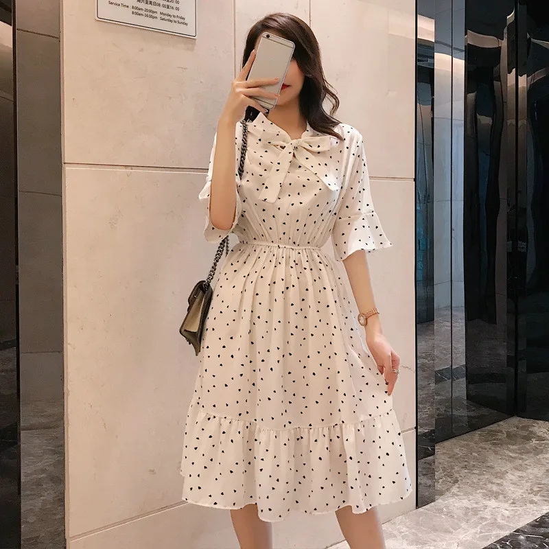 

Summer Chiffon Female Dress Casual White Women Floral Dress Girls Bow Loose Ruffles Long Dresses Short Sleeve Vestido S-XL