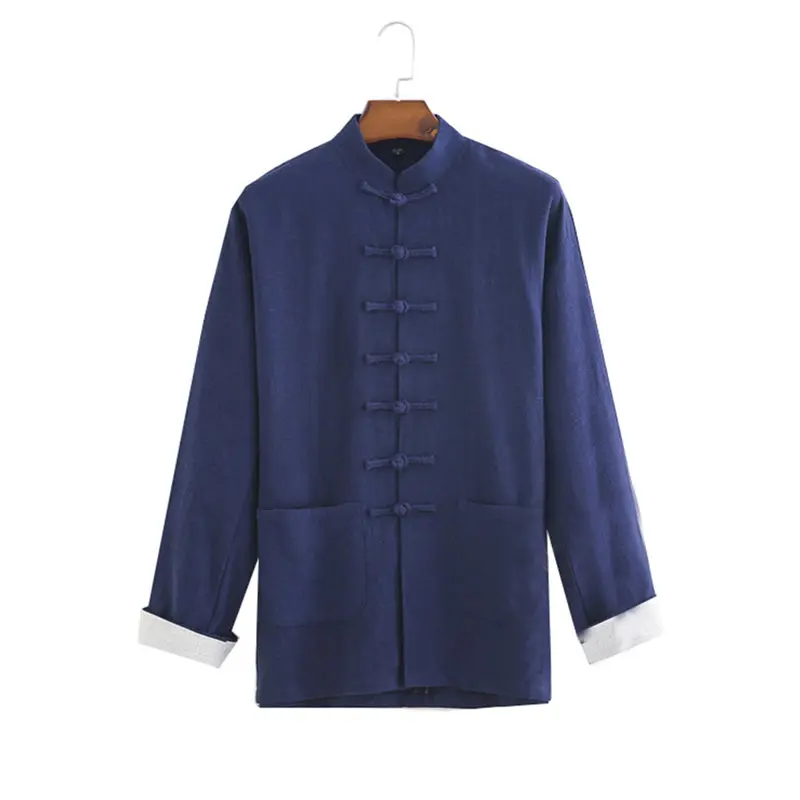 G-LIKE, Осенний Китайский традиционный льняной костюм Тан, пальто, рубашки для боевых искусств, удобные топы - Цвет: dark blue