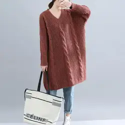 Для женщин зима плюс размеры тонкий длинный V образным вырезом вязаный свитер одноцветное цвет джемпер средства ухода за кожей для будущих