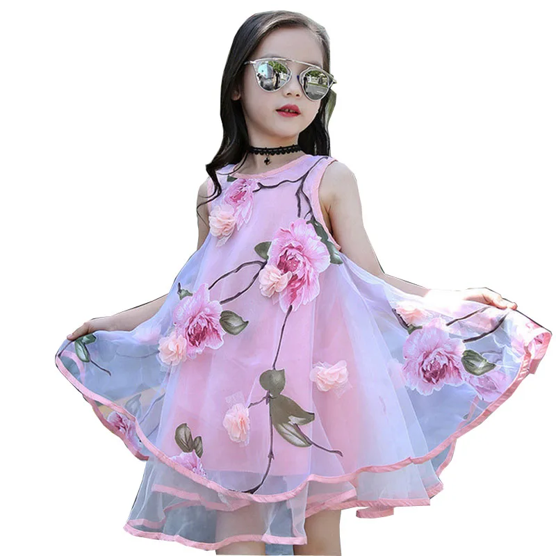 2020 Summer Girls Kids Flower Knee Sleeveless Dress Baby Children Clothes Infant Party Dresses 6 7 8 9 10 11 12 13 14 15 years | Детская