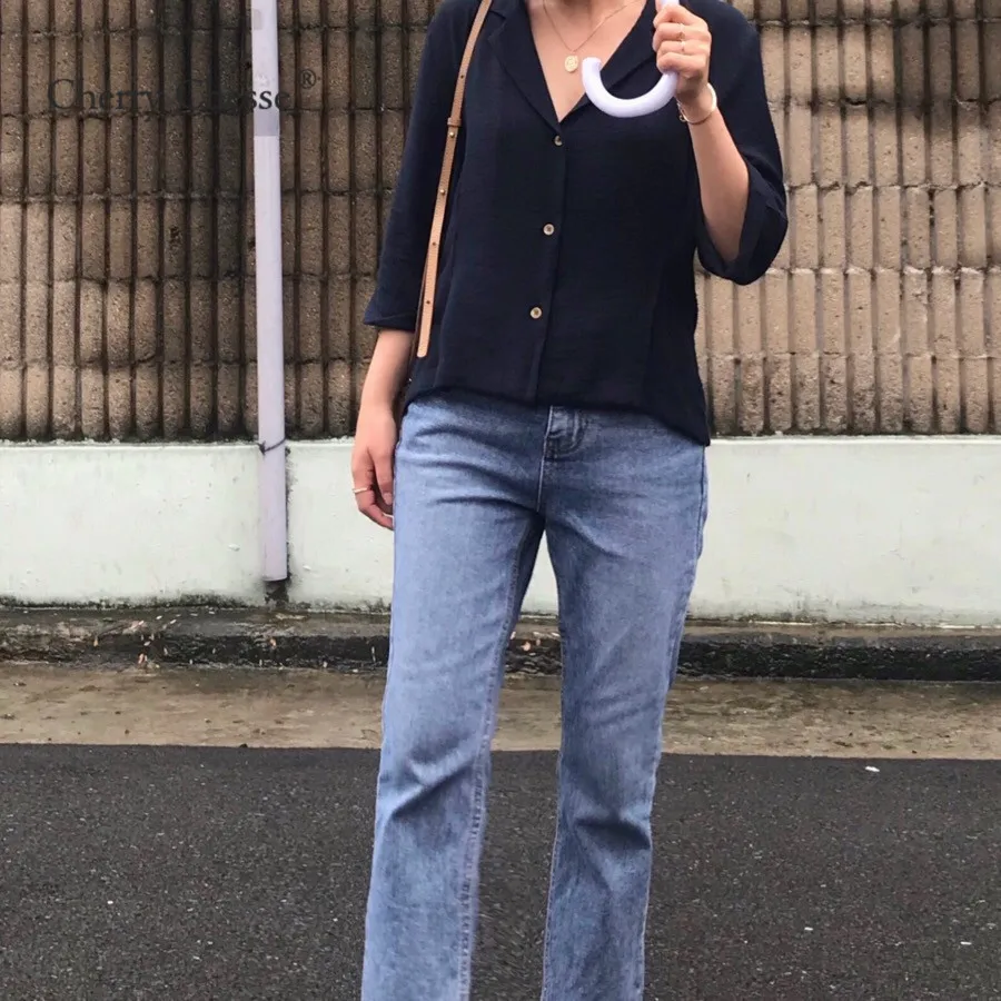 Cherry Chesse Vintage Women Blouse Mid Sleeve Solid V Neck Button Tops Summer Autumn Slim Office Lady Cherry Chesse Vintage Women Blouse Mid Sleeve Solid V Neck Button Tops Summer Autumn Slim Office Lady