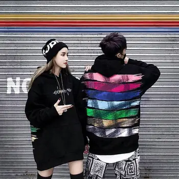 

2018rainbow paint thickening hooded fleece single men and women loose BF wind hip hop printing couple hoodie jacket winter clot