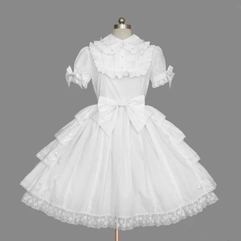 

White Short Sleeve Classic Gothic Style Lolita Dresses Retro cotton Bow Princess Dress For Women