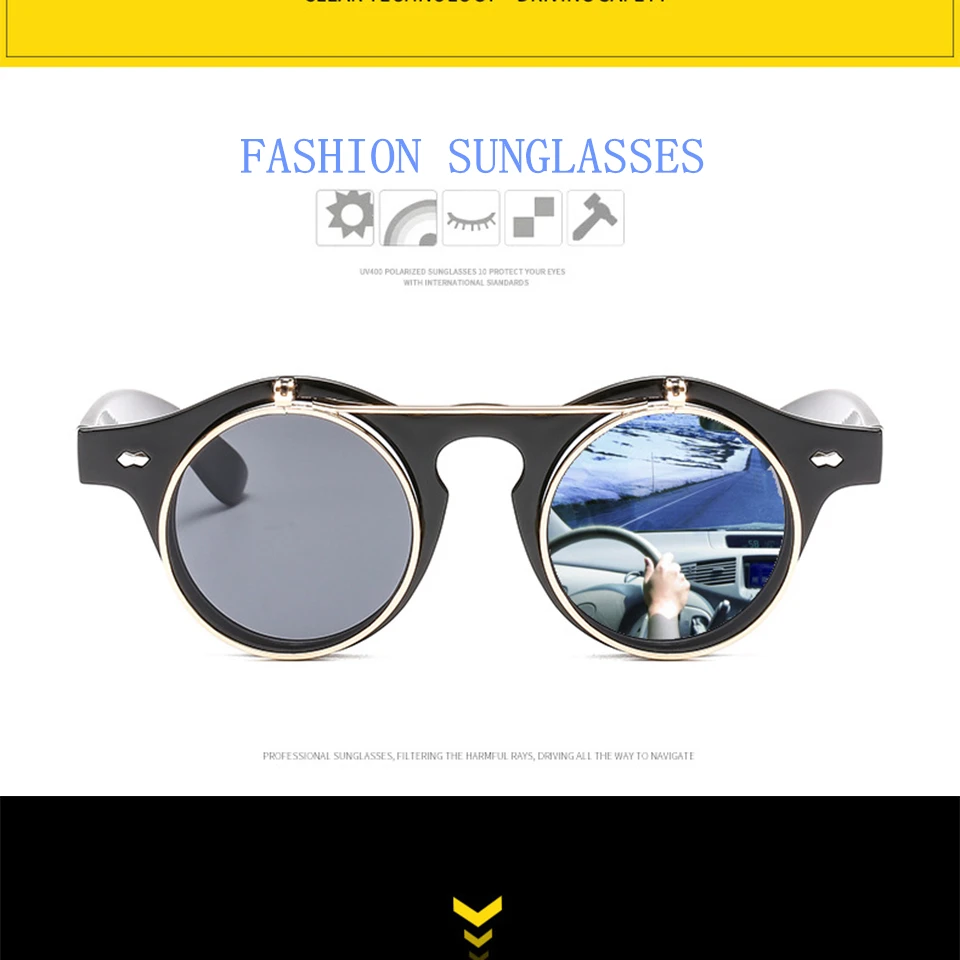 Стимпанк Солнцезащитные очки для женщин и мужчин ретро очки круглые очки Флип-ап очки шов Панк Винтаж клип на Oculos de sol