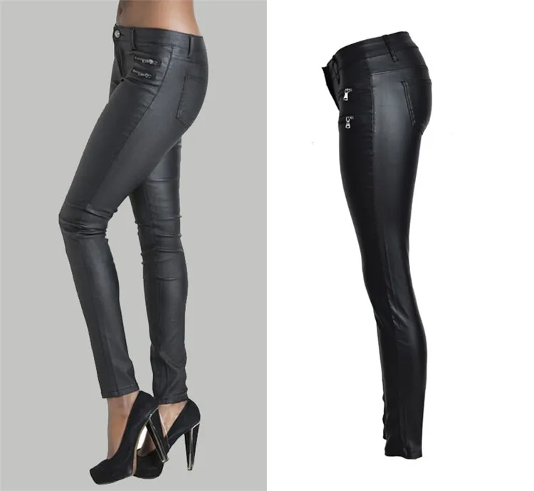 European and American women`s hot style low waist slim foot PU leather trousers double zipper (2)