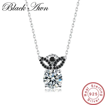 

[BLACK AWN] 925 Sterling Silver Necklace for Women Black Spinel Necklaces Pendants Crown Silver 925 Jewelry P170