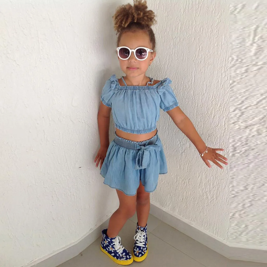 

2019 Good-looking Toddler Kids Baby Girls Clothes Set Kids Baby Girls Outfits Clothes Denim Off Shoulder Shirt Tops+Shorts Set