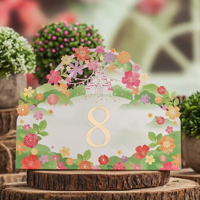 Laser Cut Green Color Flower Design Wedding Table Place Card With Table Numbers