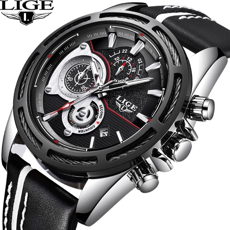 

LIGE De Mode Hommes Montres Top Marque De Luxe Casual Sport Quartz Hommes En Cuir Impermeable A L'eau Montre-Bracelet Militaire