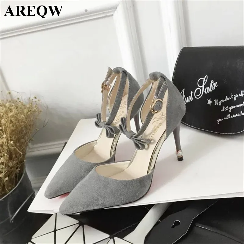 

2016 spring new bow tie with shallow mouth pointed high heels pure color sweet buckle shoes
