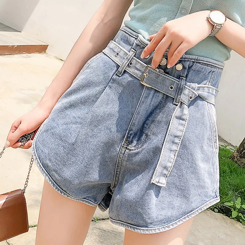 

Summer New Korean Style Irregular High Waist A-line Denim Shorts with Belt for Women Plus Size Wide Leg Ladies Short Pants