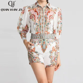 

Qian Han Zi 2020 designer fashion shirt two piece set Womens lantern sleeves tops and blouses+patterns Print mini pants Suit set