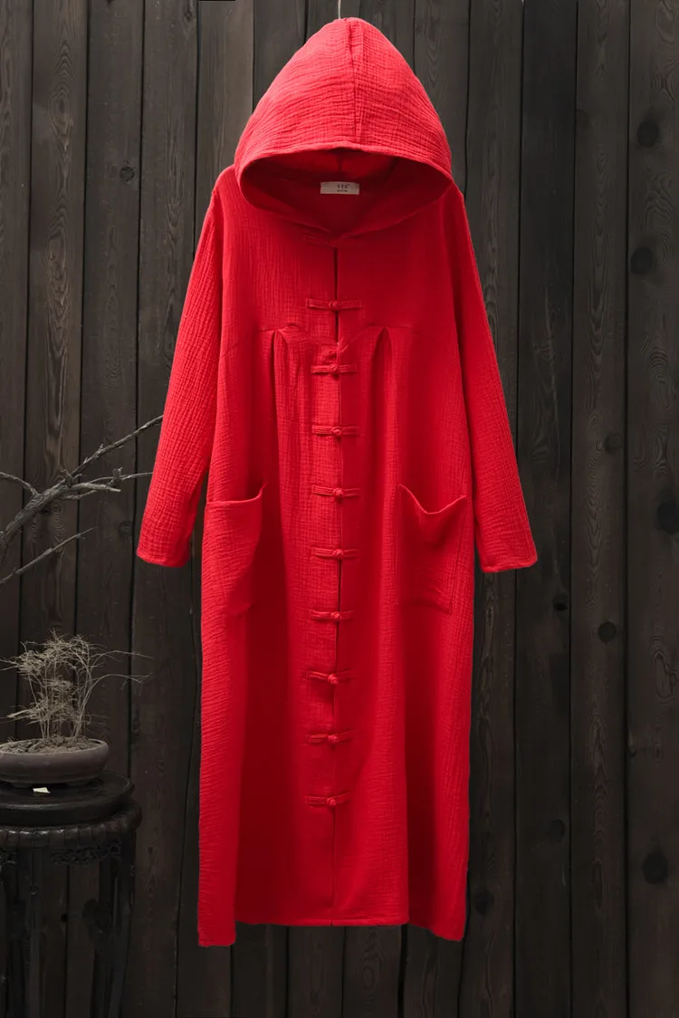 Однотонное черное, красное женское длинное пальто с длинным рукавом и капюшоном, дизайн, Тренч в китайском стиле, большие размеры, осеннее пальто B137
