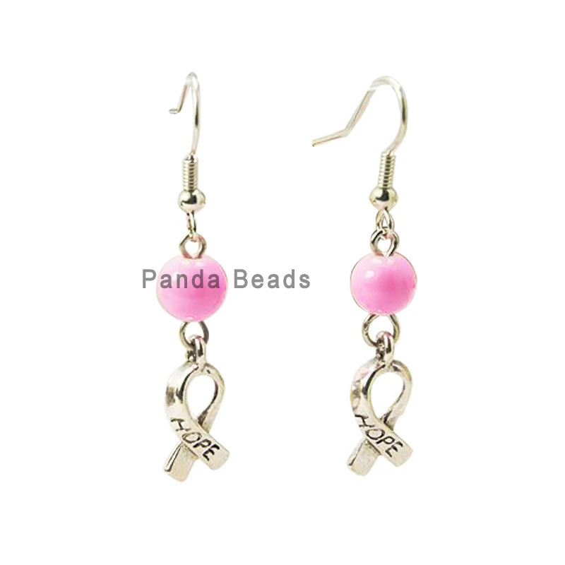 

20Pairs Hope Breast Cancer Earrings, Pink Awareness Ribbon Charms and Brass Earring Hook, PearlPink, about 47mm long