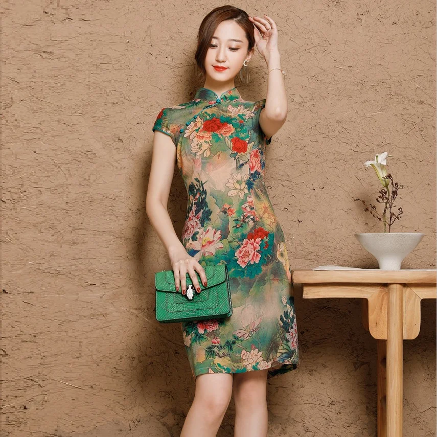 Chinese Dress Qipao Short Big Size 2018 Summer Autumn Party Linen-Silk Vestido Oriental Red 5XL 3XL 4XL (19)