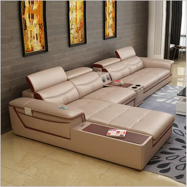 Living Room Sofa set furniture real genuine cow leather sofas bluetooth puff asiento muebles de sala canape L shape sofa cama