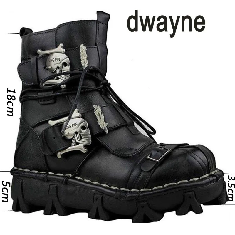 

2018 Fashion Men's Cowhide Genuine Leather Work Boots Military Combat Boots Gothic Skull Punk Motorcycle Martin Boots