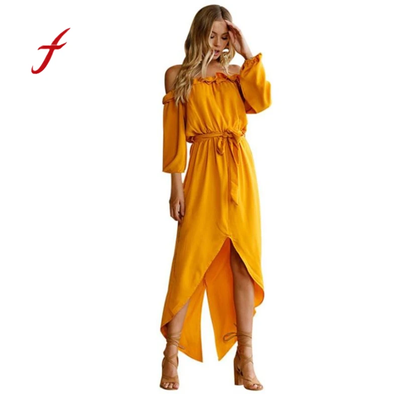 

Feitong Summer boho long maxi dress Women sexy off shoulder bandage dresses Ladies bohemian yellow cotton ruffles dress