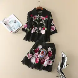 Винтаж юбка костюм Новая мода 2018 Демисезонный комплект кружевной вышивкой Винтаж пальто + черный кружева юбка набор Костюмы из 2 предметов