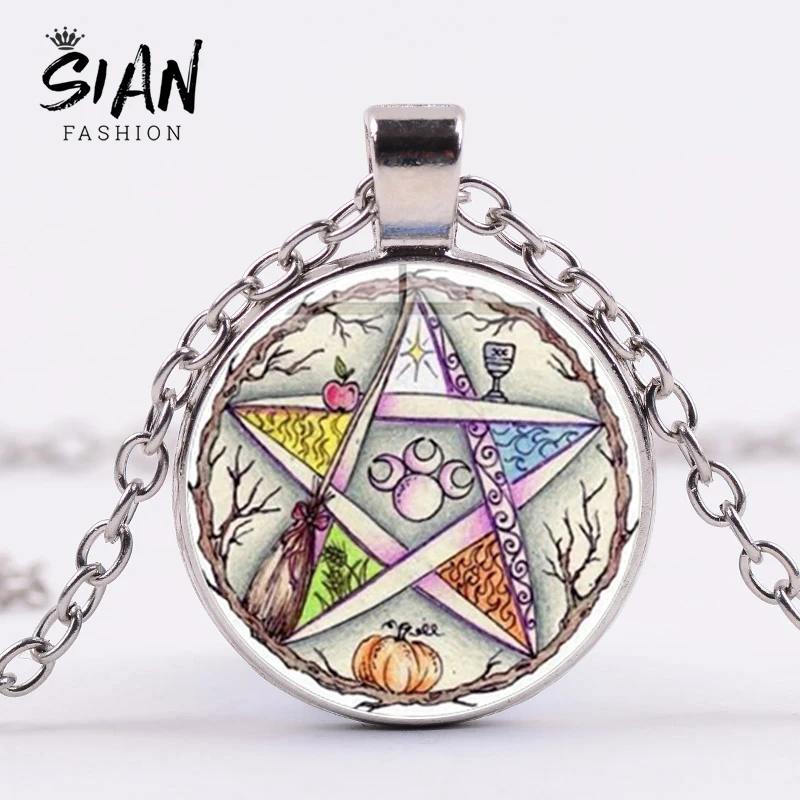 SIAN Esoteric пентаграмма ожерелье ретро Wicca звезда Дерево жизни Хрустальное стекло