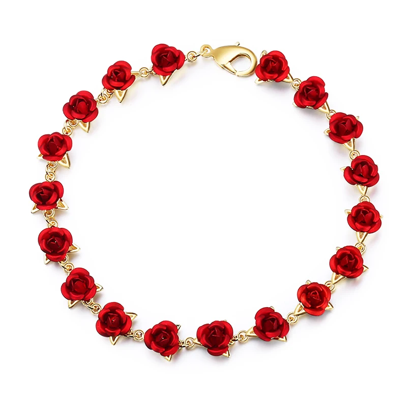 

StrollGirl Hot Rose Gold Color link Chain Romantic Bracelet with Red Enamel Rose Jewelry making for women gift Free Shipping