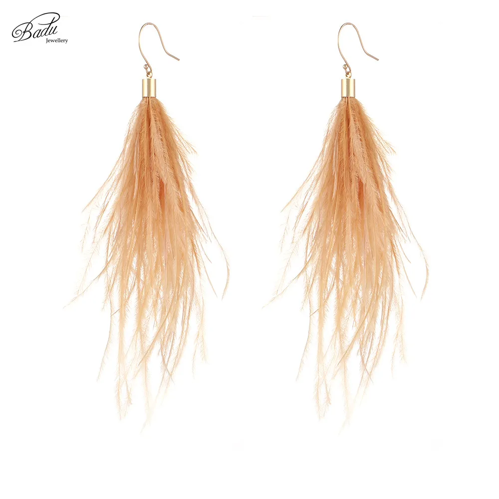 

Badu Long Earring Ostrich Feather 3 Colors 2017 Women Dangle Drop Earring Vintage Fashion Jewelry Original Design Wholesale