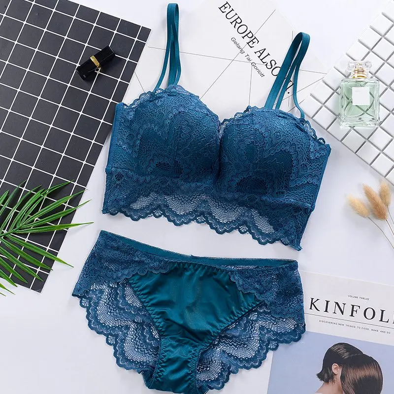 

2019 Fashion fashion lace sexy thin 3/4 Cup push up underwear hot-selling vintage solid color bra set
