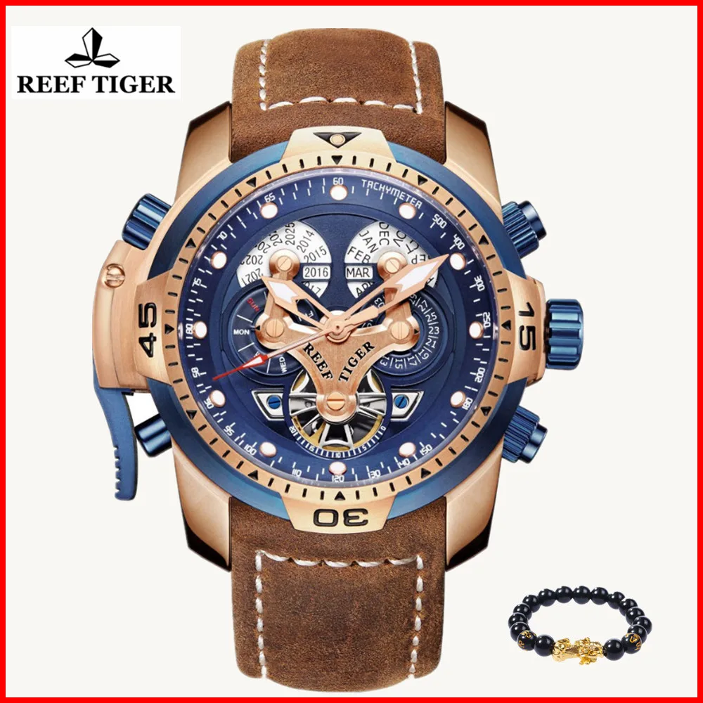 

2019 Reef Tiger Top Brand Military Watches for Men Sports 100M Waterproof Leather Automatic Mechanical Watches Relogio Masculino