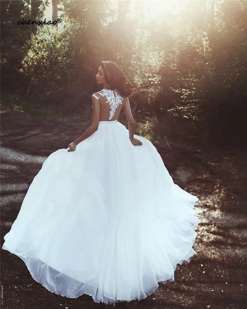 Белое пляжное свадебное платье шифоновое ТРАПЕЦИЕВИДНОЕ кружевное летнее свадебное платье с коротким рукавом и круглым вырезом Vestido de noiva