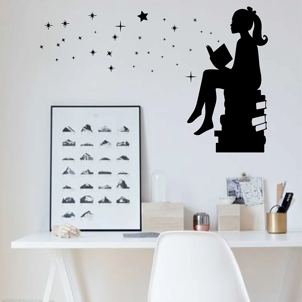 Girl Reading Books Magic Wall Decal Vinyl Removable Art Stickers for