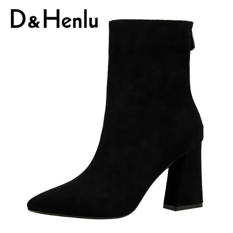 

{D&Henlu} 2018 Women Zip Boots Mid-calf Boots Winter Shoes Women Boot Shoes Female Heel Point Toe Thick Heels Suede Botas Mujer