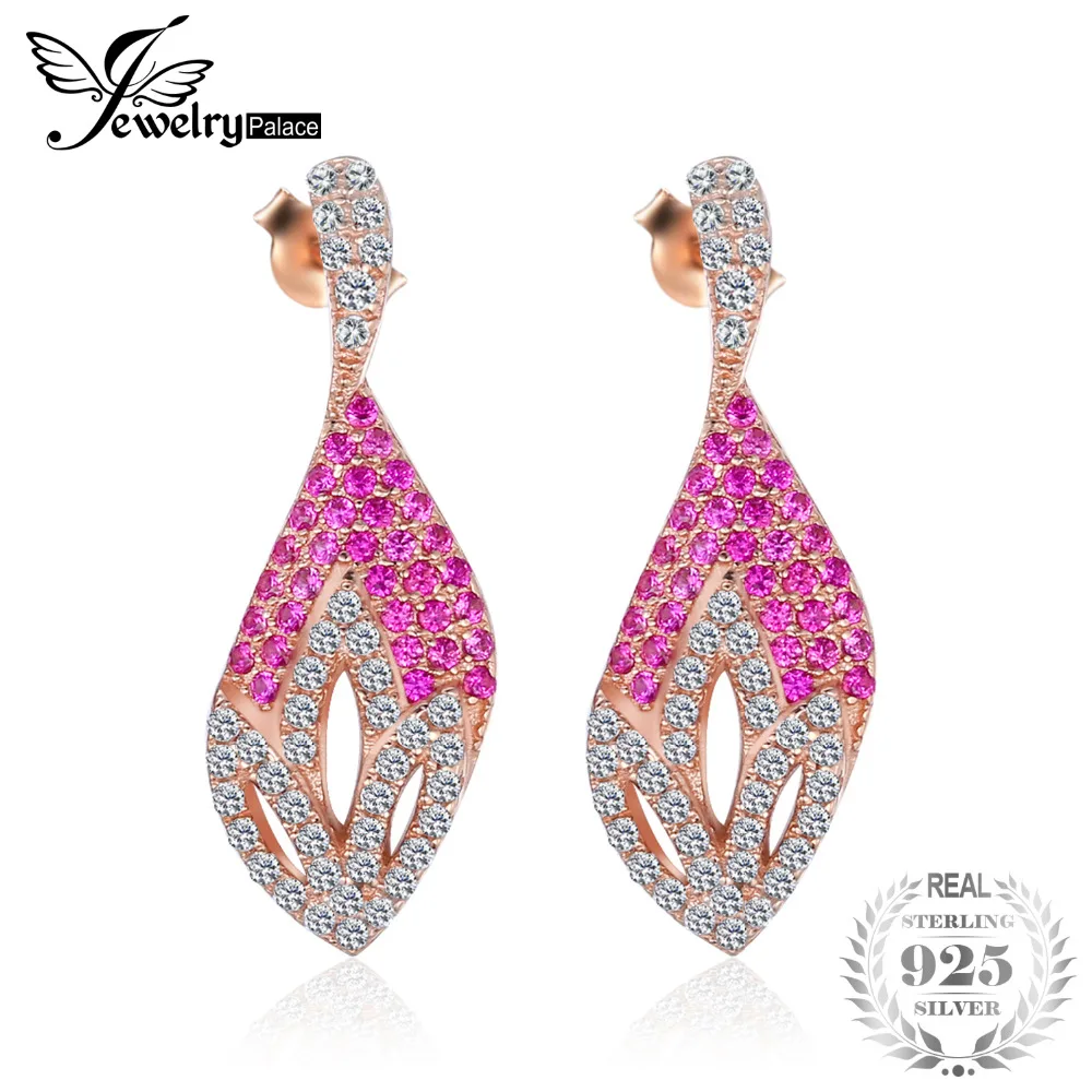 

JewelryPalace Flower 0.7ct Pave Created Ruby Dangle Earrings For Women Authentic 925 Sterling Silver Wedding Jewelry Accessories