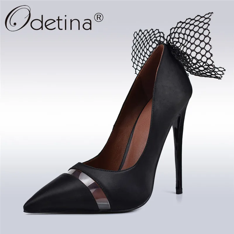 

Odetina Spring Autumn Fashion Butterfly Knot Lady Party Shoes 12cm Thin High Heels Pointed Toe Slip On Women Pumps Plus Size 42