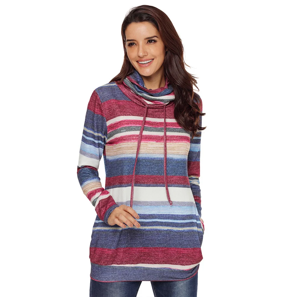 Fashion Women Long Style Pullovers with Pockets Multicolor Autumn Sleeve Striped Drawstring Sweatshirts Tops Streetwear | Женская одежда