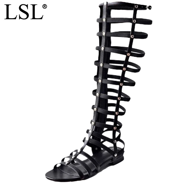 Vintage Rome Knee High Gladiator Sandals Peep Toe High top Woman Cross-tied Gladiator Sandals Party Shoes Flats dropshipping