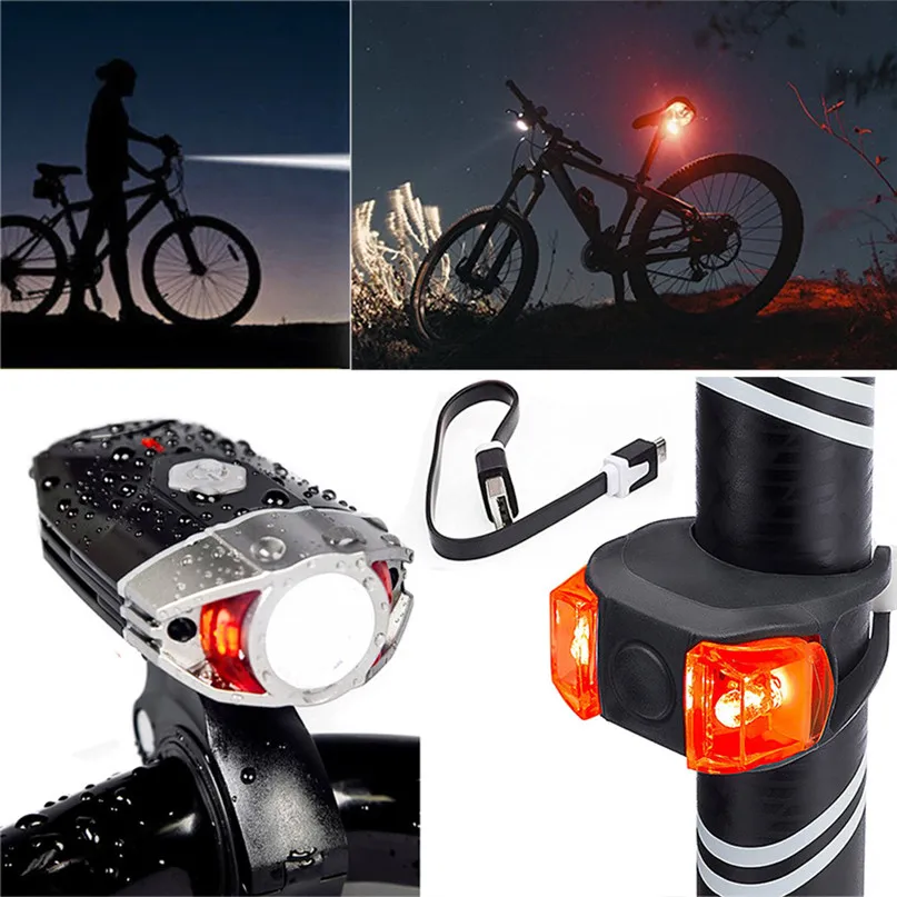 Waterproof Cycling Rechargeable Bike Bicycle Front Light Lamp+ Safety Rear Light outdoor Bicycle