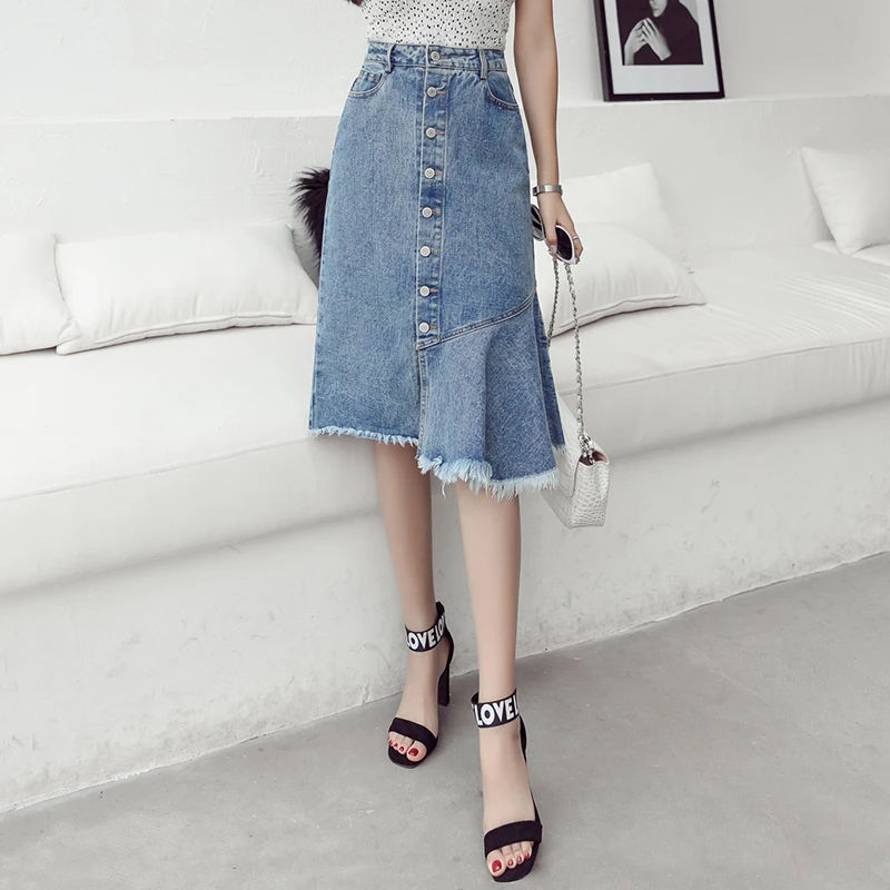 Women Fringed Hem Hip Package Streetwear Skirts Casual Irregular Mid-length Jean Skirt Single Breasted Summer Bottoms