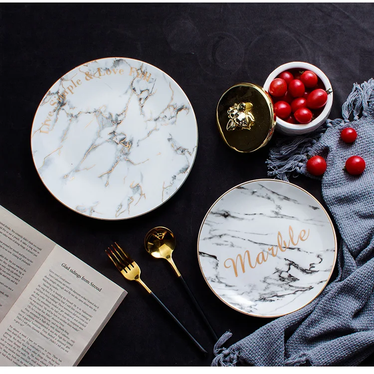 Marble Texture Inlaid with Gold Edge Ceramic Plate Disk Flat Dish Customized Wholesale Loucas Porcelana Dishes and Plates Sets 