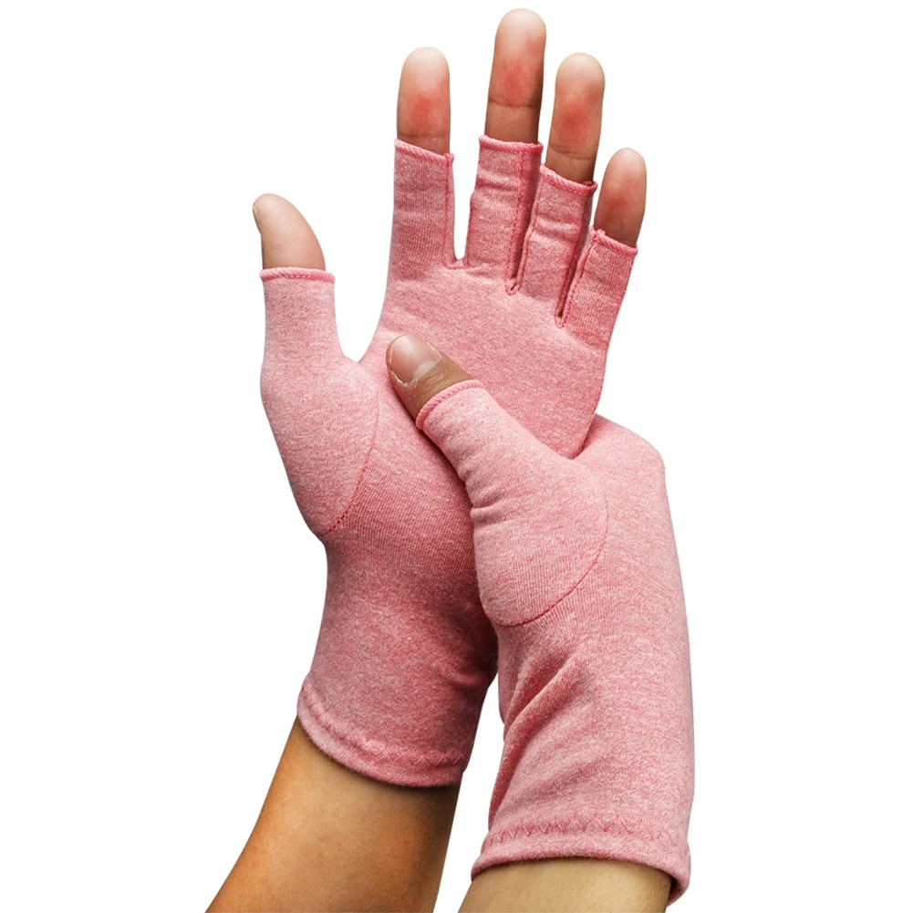 1 пара облегченные легкие эластичные перчатки для тренировки боли в суставах с половинными пальцами прочные компрессионные перчатки для артрита рук унисекс терапия - Цвет: Розовый