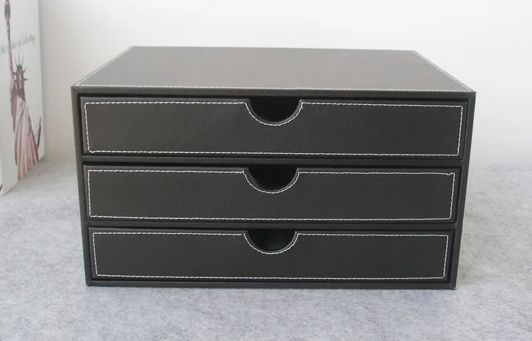 horizontal 3-layer 3-drawer wood struction leather desk filing cabinet storage box office organizer document container black217A