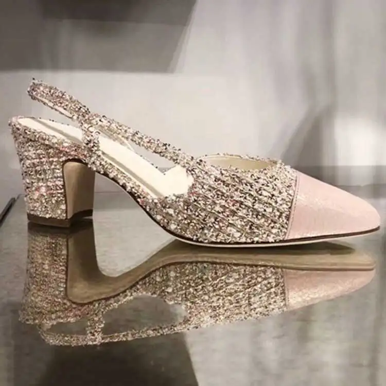 

Round Toe Slingback Med Heels Women Pumps Cloth Leather Patchwork Brand Elegant Ladies Shoes Spring Summer Party Dress Sandals